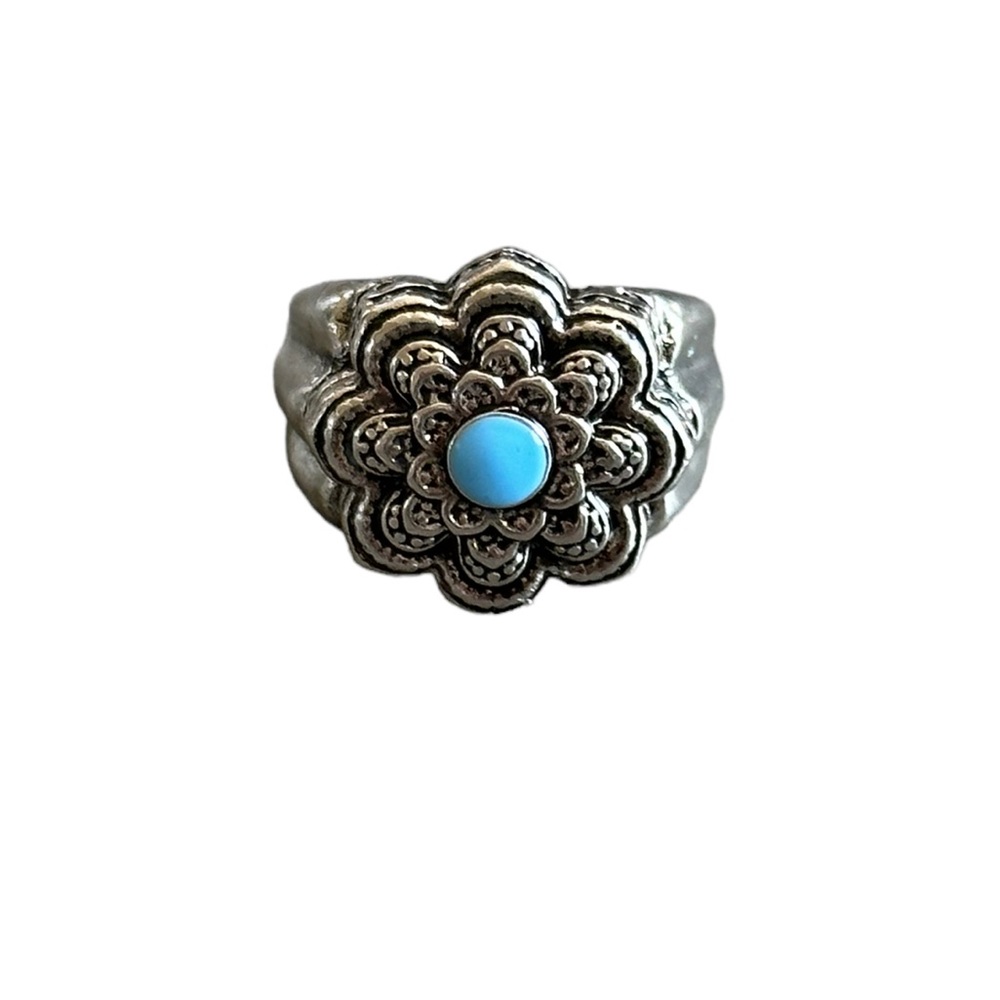 Vintage Bohemian Silver Flower and Turquoise Ring
